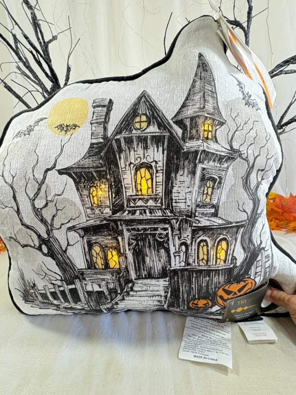 Halloween Spooky 18x20 Scary Haunted House Light Up Toss Decorative Pillow New
